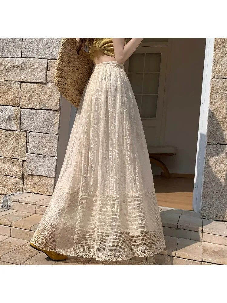 

Heavy Embroidery Lace Mesh A-Line Long Skirt Women's Spring Summer plus Size Fluffy Half-length Skirts Casual High Waist