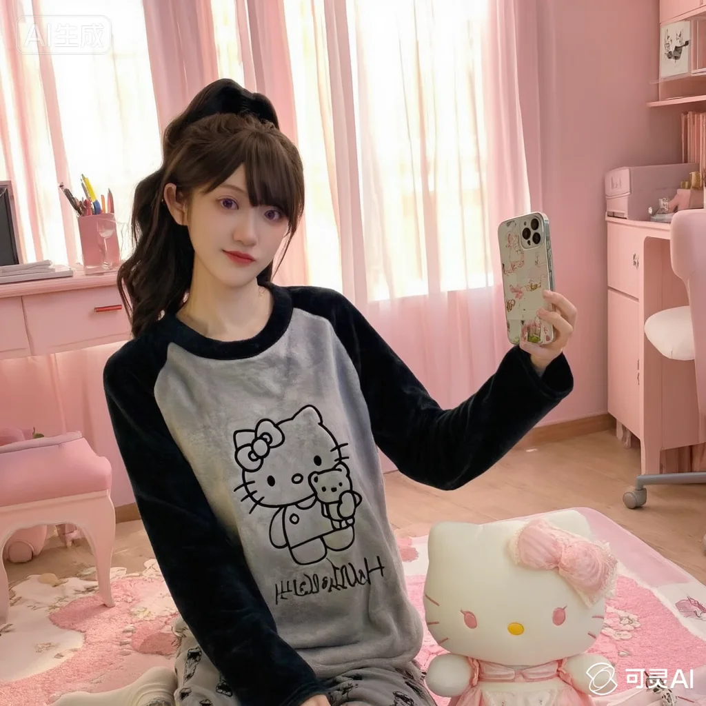 

Пижамы Hello Kitty Sanrio с круглым воротником, корейская версия, Kawaii, осенне-зимняя, для колледжа, для дома, для отдыха, удобная, свежая, милая