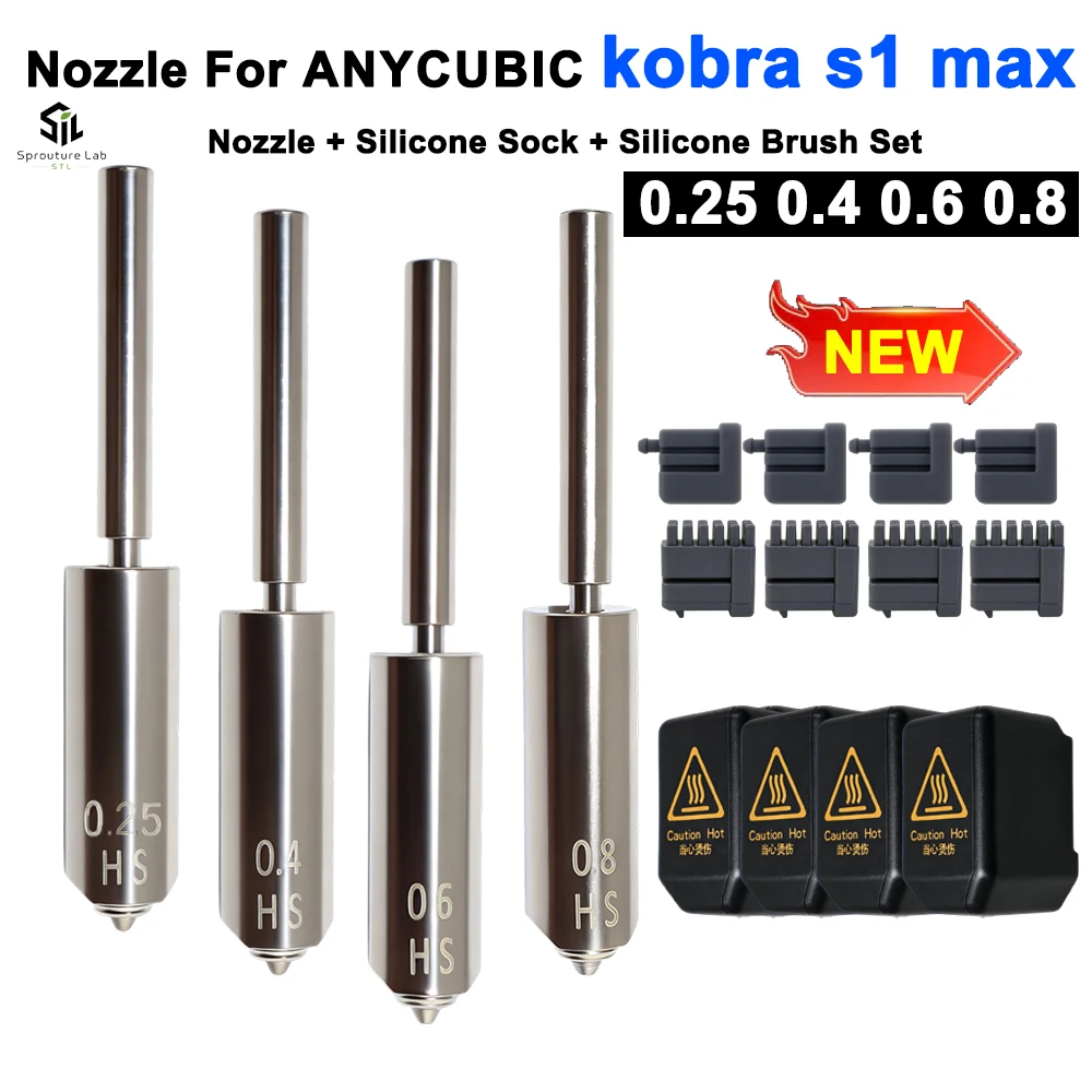 Düse aus gehärtetem Stahl für Anycubic Kobra S1 Max 3D-Drucker, 0,25/0,4/0,6/0,8 mm, Ersatzset mit Düsenwischer und Silikonhülle