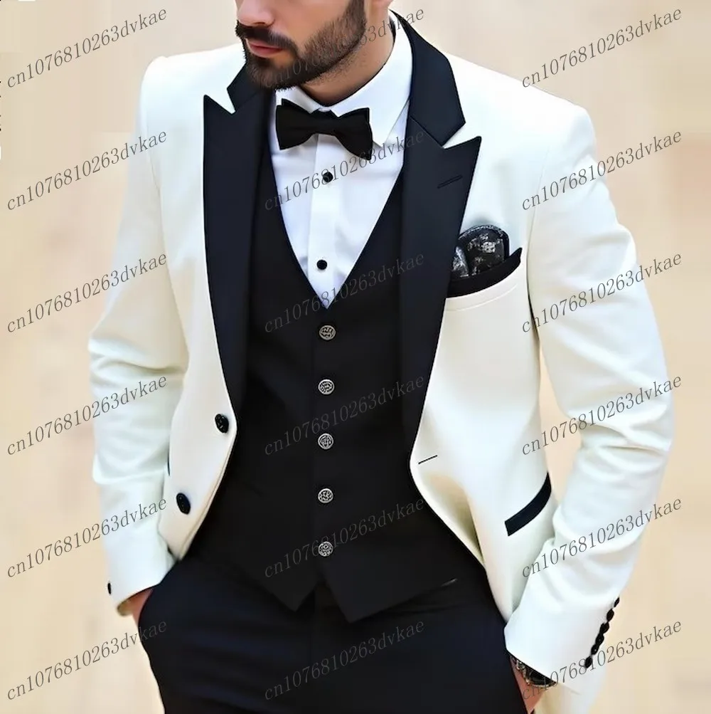 

Новый черно-белый мужской костюм для свадебной вечеринки, формальный жених, жених, выпускного вечера, деловые мужские смокинги, комплект из 3 предметов, куртка, жилет, брюки
