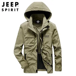 JEEP SPIRIT Men Jacket Mid-length  Spring Autumn Loose Waterproof Outdoor Multi-pocket Windbreaker Sports Breathable Soft
