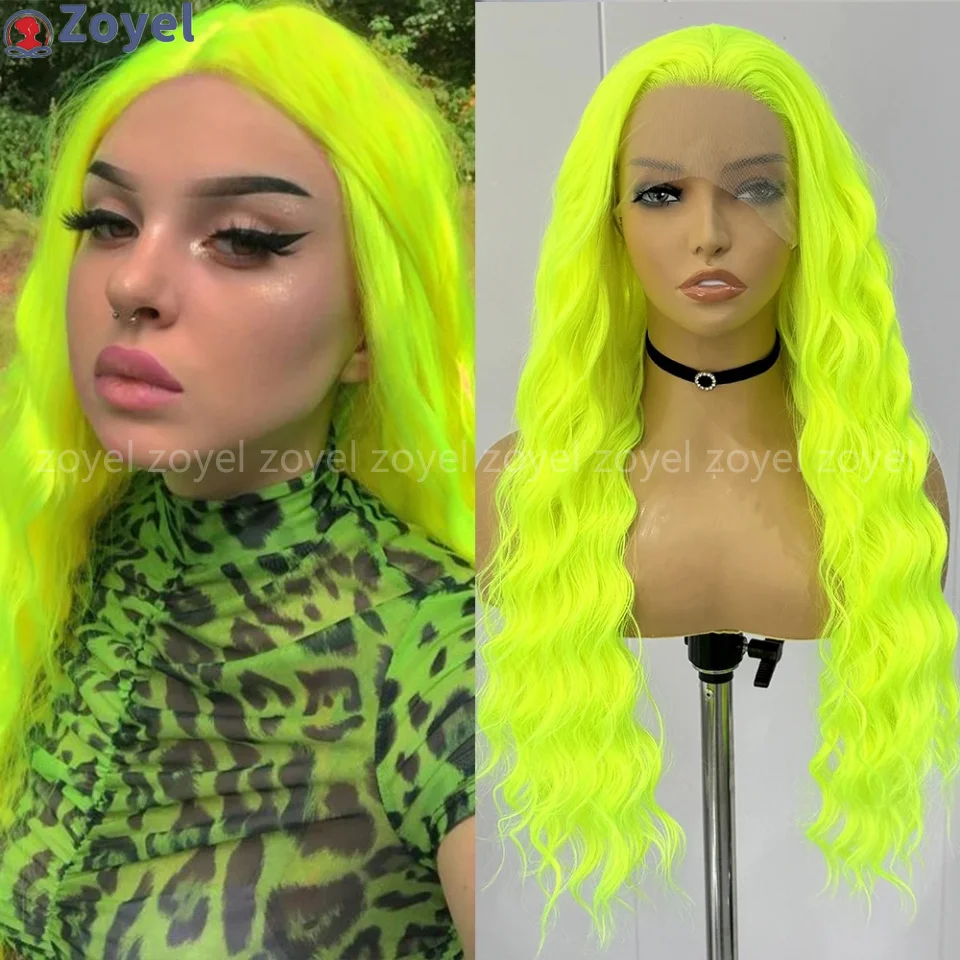 

Neon Green Wave Wig Synthetic Lace Wigs Long Loose Curly Lace Frontal Wigs for Women Natural Wave Fluorescen Green Wig Cosplay