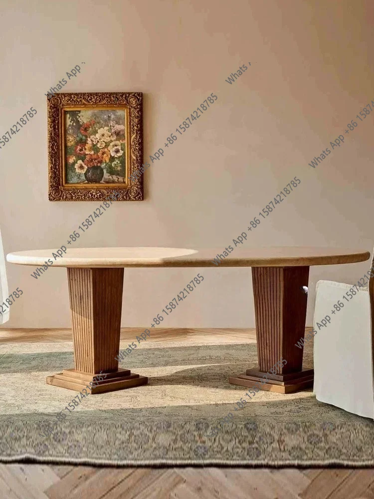 Medieval oval wabi sand solid wood marble designer home bed and breakfast dining table office conference table simple