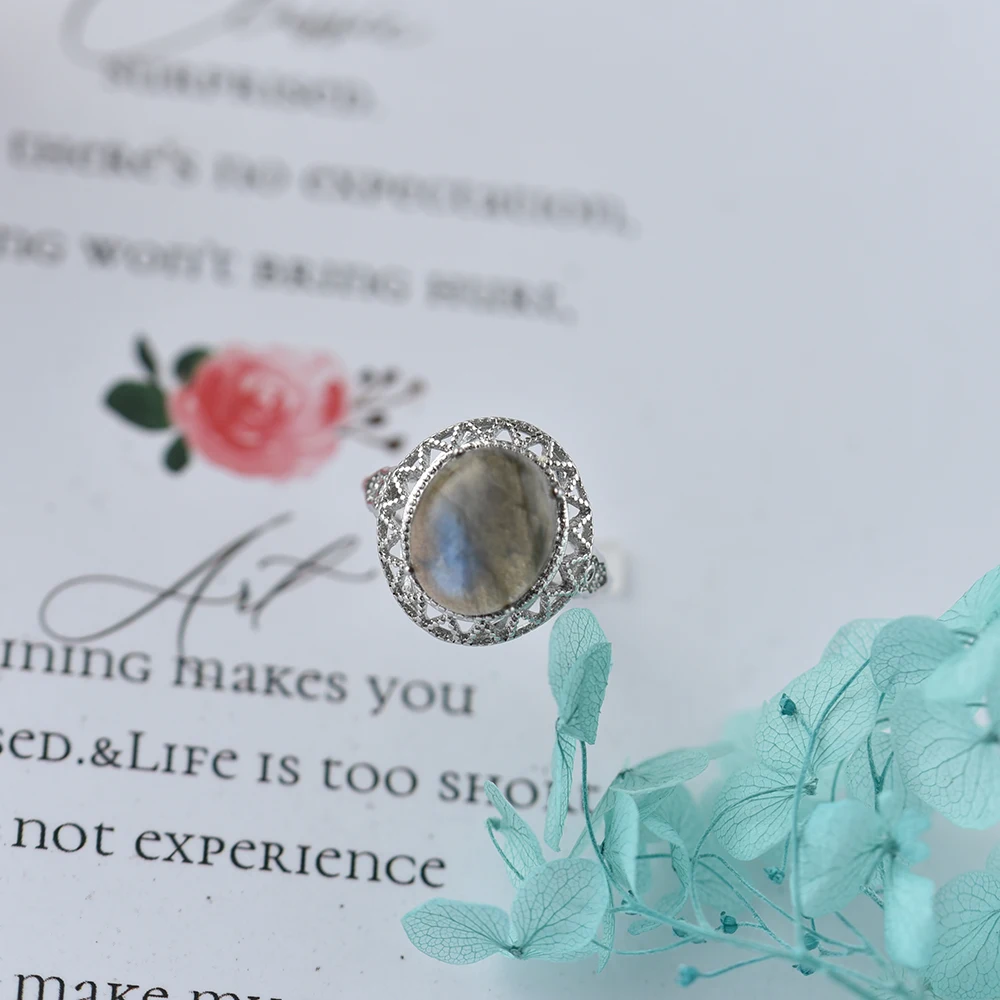 ITSMOS Vintage Labradorite Stone Ring Adjustable Flashing Iridescent Aura Crystal Healing Moon Rings Gift for Women Gift