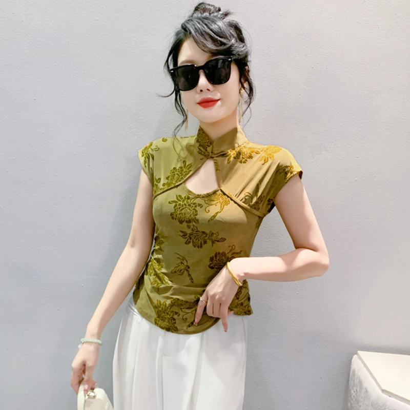 

New Women Summer Chinese Style Flocking T-shirt Fashion Vintage Hollow Out Stand Collar Elastic Slim Tees Elegant Sexy T-shirt