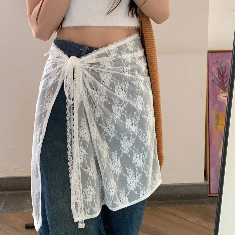 

Women's Y2k Lace Apron Skirt Fashionable Midi Skirt with Rope Tie Versatile Design Korean Fashion Accessories