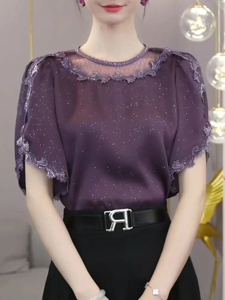 

Short Sleeve Chiffon Blouse 2025 Summer Fashion Woman Clothing Embroidery Blusas Para Mujer Top Casual Loose Blouses For Women