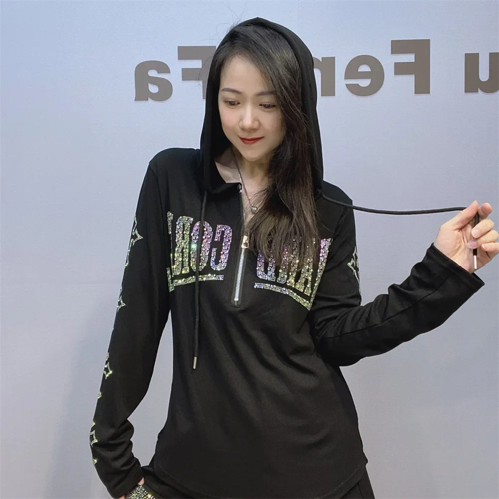 Autumn Long-sleeved T-shirt Womens 2024 New Thin Slim Cartoon Hot Diamond Hooded Tops Zipper Letter Rhinestone Black Tee