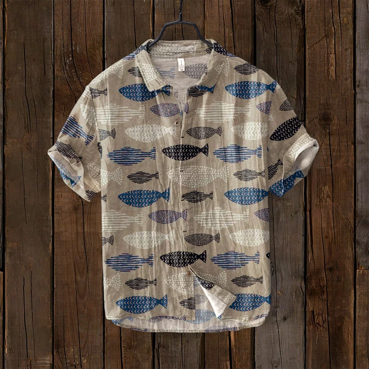 

Men's Short Sleeved Hawaiian Shirt, Japanese Art Retro Fish Print, Loose Breathable Linen Top, Casual Fashion, New, 2024