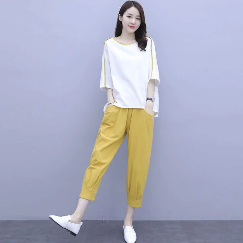 

Casual Pants Set Loose Short Sleeve O-neck Tracksuit T-shirt and Harem Pants Large Size Korean Style Two Piece Set Women Outfits