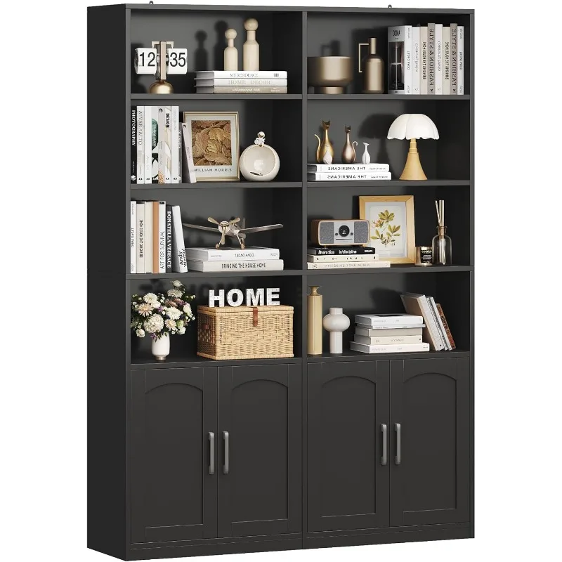 

Bookshelf and Bookcase with Doors, 6 Tier Double Wide Large Bookshelves, Open Display Shelves