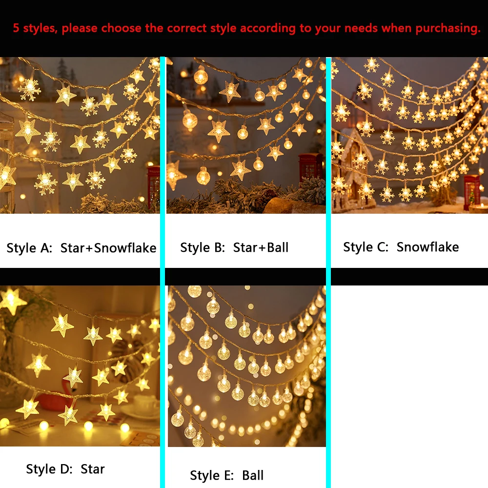 Christmas Lights 1.5M-50M Snowflake Star LED Fairy String Garland Battery/USB Outdoor for Tree Holiday 2024 New Year Decoration