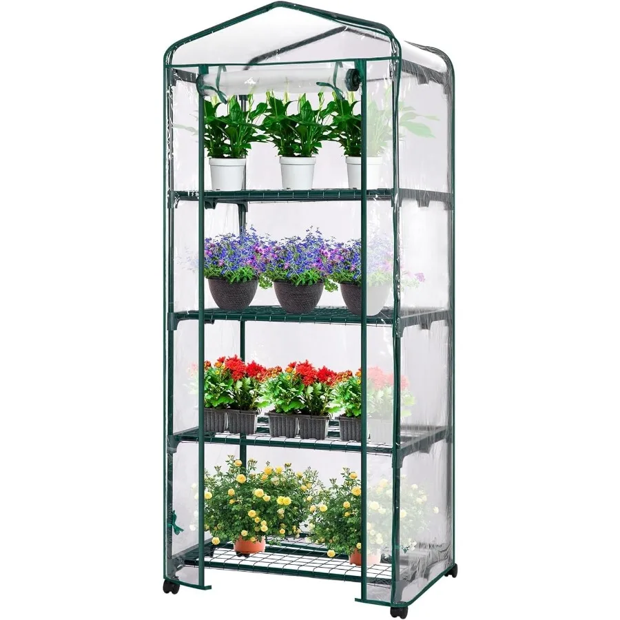 

VIVOSUN Mini 4Tier Greenhouse with Wheels 27 x 19 x 63Inch Reusable Portable Warm House with Clear PVC Cover and Shelf for Comp
