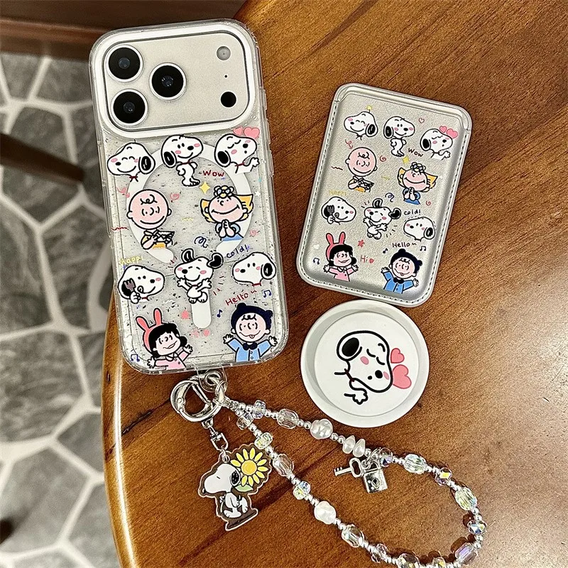 

Cute cartoon Snoopy Magnetic Wallet Stand Snoopy Sparkling Magsafe Wireless Charge Case For iPhone 13 14 15 16 17 Pro Max Cover﻿