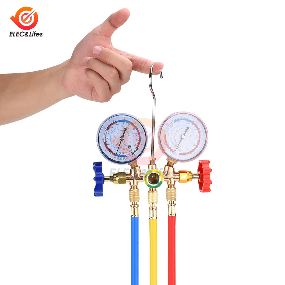 R134a Air Conditioning Pressure Gauge with Hose and Hook 3 Way AC Diagnostic Manifold Gauge Set Freon For R12 R22 R404A R134a