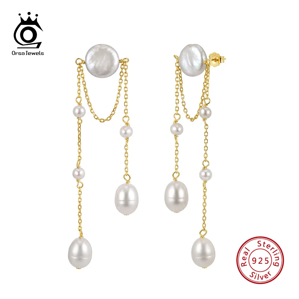 ORSA JEWELS Tassel Multi Layer Chain Natural Pearl 925 Sterling Silver Dangle Earrings Elegant Jewelry For Wedding GPE150