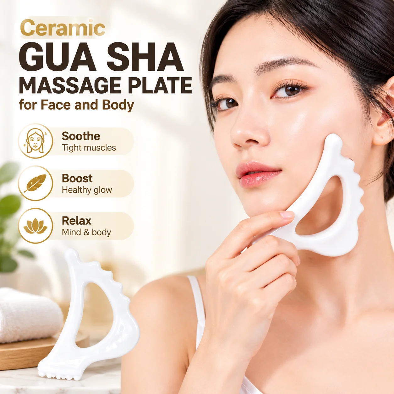 Ceramic Gua Sha Massage Plate for Face and Body, Meridian Scraping Stick, Acupoint and Tendon Care Tool, Portable Skin Care