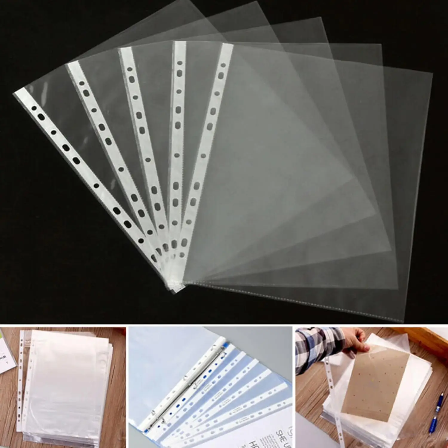 100pcs A4 PP Punched Punch Pockets Folders Filing Wallets Sleeves Bag Transparent 0.04mm