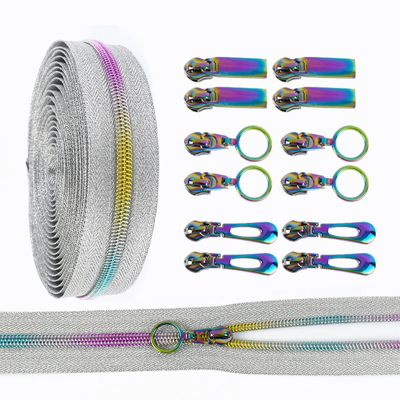 5Meters 5# Rainbow Nylon Zipper Tape with Zip Slider Puller Decorative Bag Backpack Zips DIY Clothes Repair Sewing Accessories