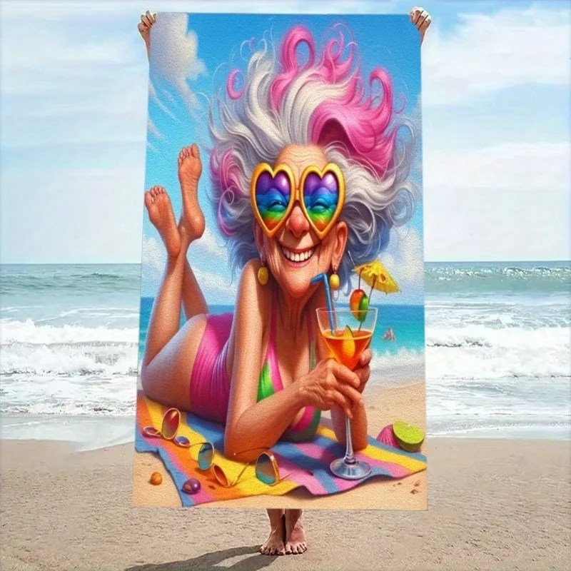 Funny Pink Hair Old Lady Heart Sunglasses Cocktail Beach Towel Summer Holiday Quick Dry Towel