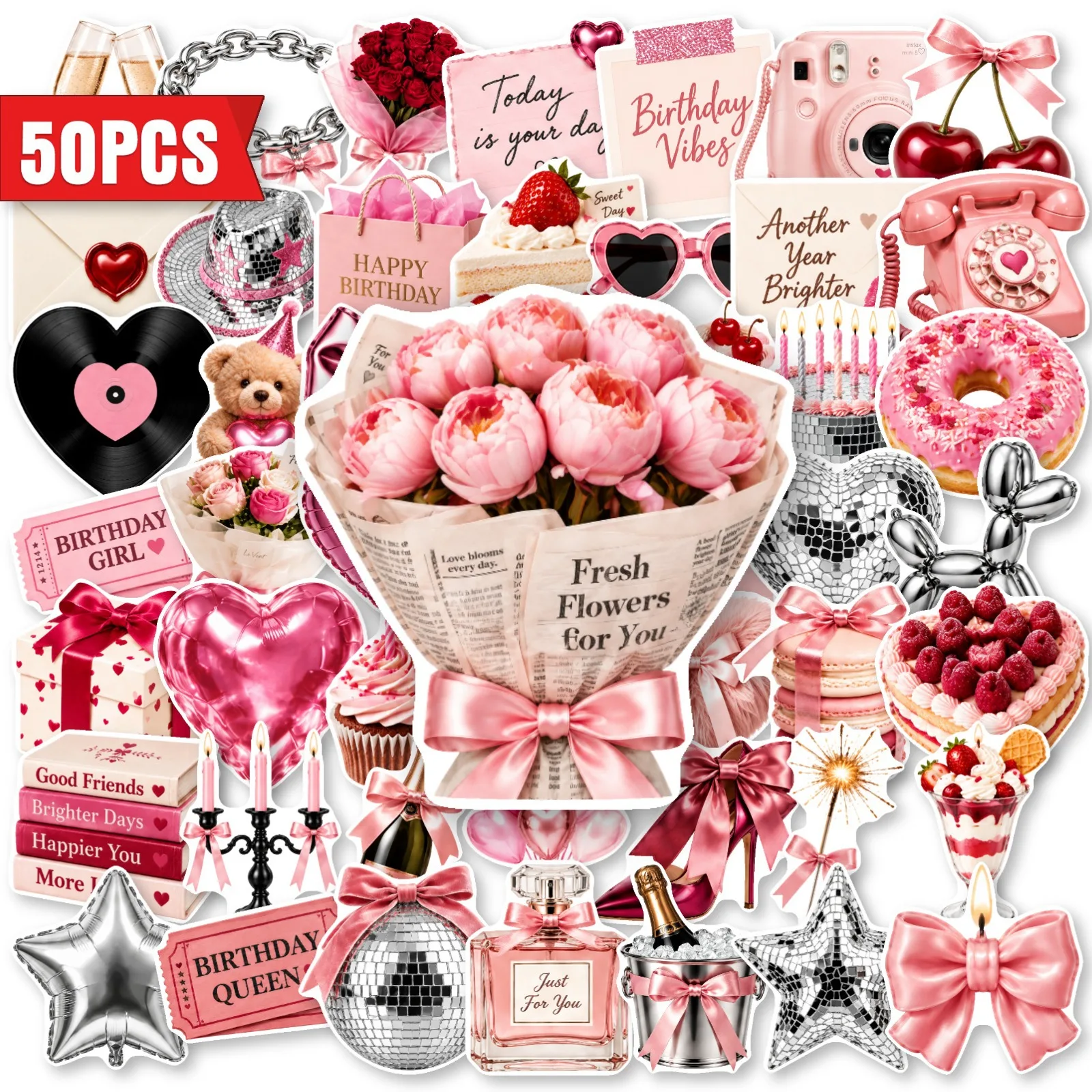 50 PCS Ins Style Pink Birthday Rose Heart Gift Box Envelope Greeting Card Decorate Atmosphere Decoration Waterproof Decals
