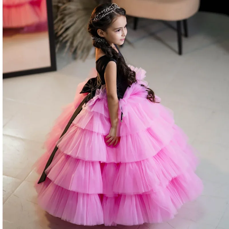 Abiti da ragazza principessa Flowe neri e rosa personalizzati Abito lungo senza maniche con scollo a strati con fiocco Abiti da prima comunione