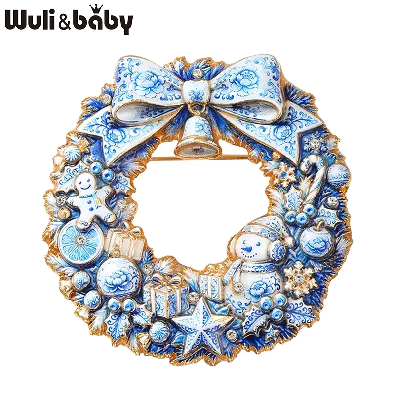 Wuli&baby Weihnachtskranz-Broschen für Frauen Unisex 2-farbig Niedlicher Schneemann Schleife Blumen Kreis-Broschen Neujahrsgeschenke – Detail 1