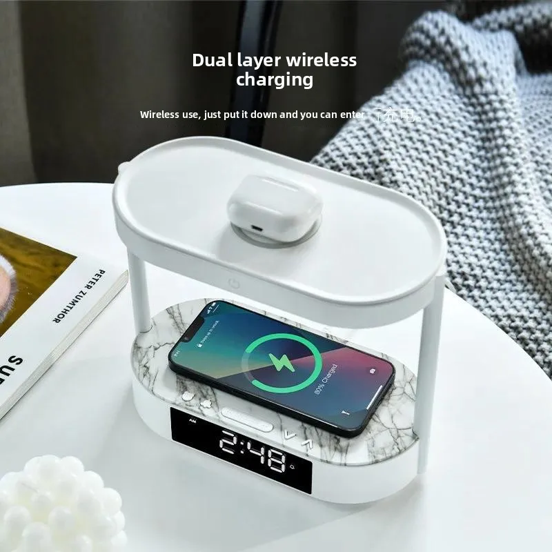 Double‑Layer Wireless Charging Bedside Clock Light Modern Minimalist Multi‑Use Ambient Night Lamp for Bedroom Desk Reading Decor