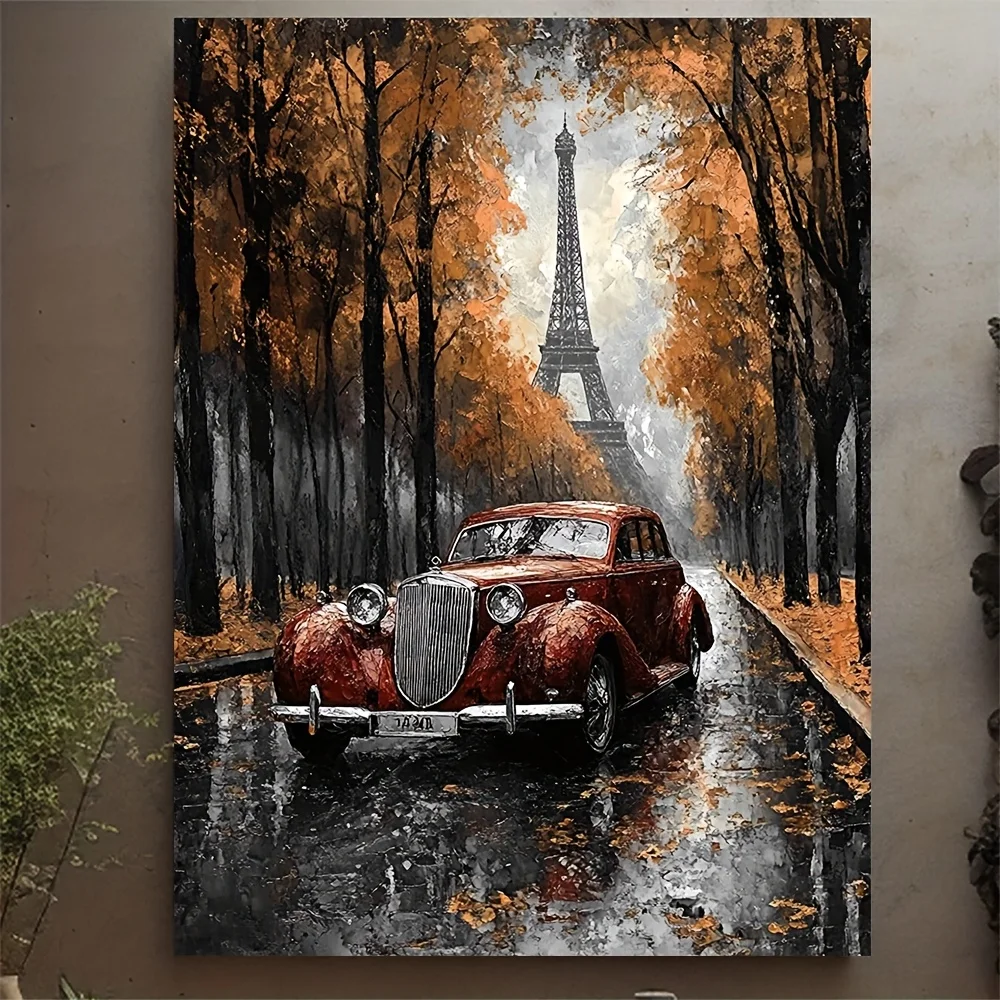 (No frame)1pc 12x16 Inch Paris Eiffel Tower & Red Retro Limousine Canvas Wall Art - Vintage Oil Painting Style Autumn Scene w