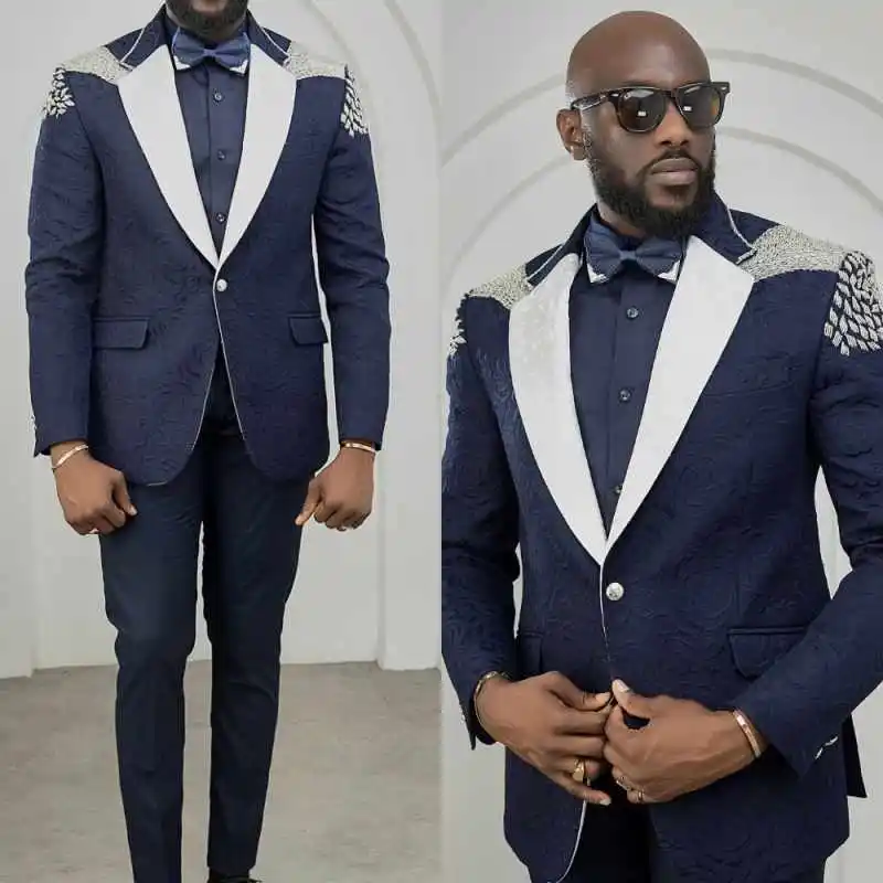 

Shiny Jacquard Groom Wedding Tuxedos Notched Lapel One Button Jacket Beading Customized Loose Fit 2 Pieces Sets ropa hombre