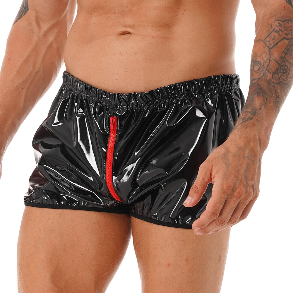 Stylish Mens Faux Leather Shorts, Wet Look Zip Underwear, Boxer Briefs Trunks, Black Color, Sizes M~4XL, Asian Size