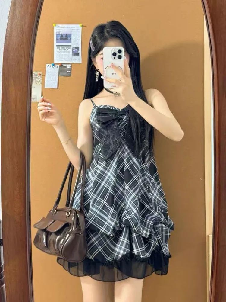 2025 ญี่ปุ่นสไตล์วินเทจชุดผู้หญิงเกาหลีแฟชั่นลูกไม้สีดําชุด Cami ฤดูร้อนหวาน Patchwork ใหม่ One Piece Dress