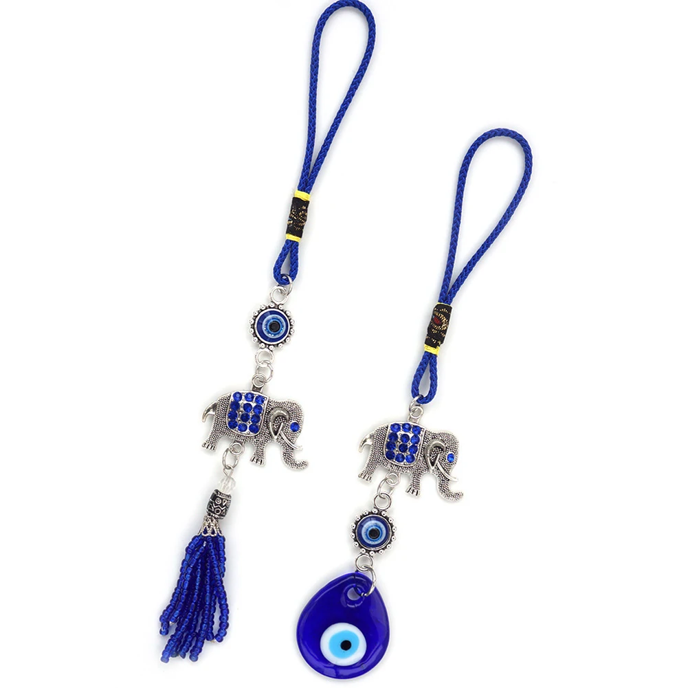 6pcs Turkish Blue Eye Elephant Tassel Pendant Car Ornaments Evil Eye Pendants for Home Window Hangings Bag Charms Key Chains