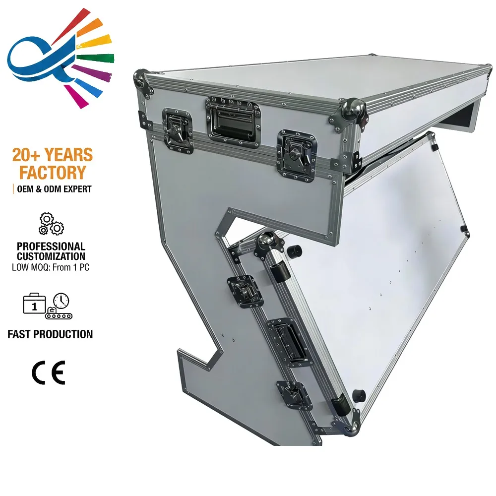 Portable Folding Z Style DJ Table Compact Aluminum Plywood Mobile Workstation Road Case for Live Performance Events DJ Desk
