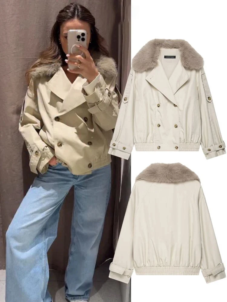 

HH Элегантная женская короткая ветровка с воротником из искусственного меха, модная двубортная свободная куртка с карманами, осенняя уличная стильная верхняя одежда