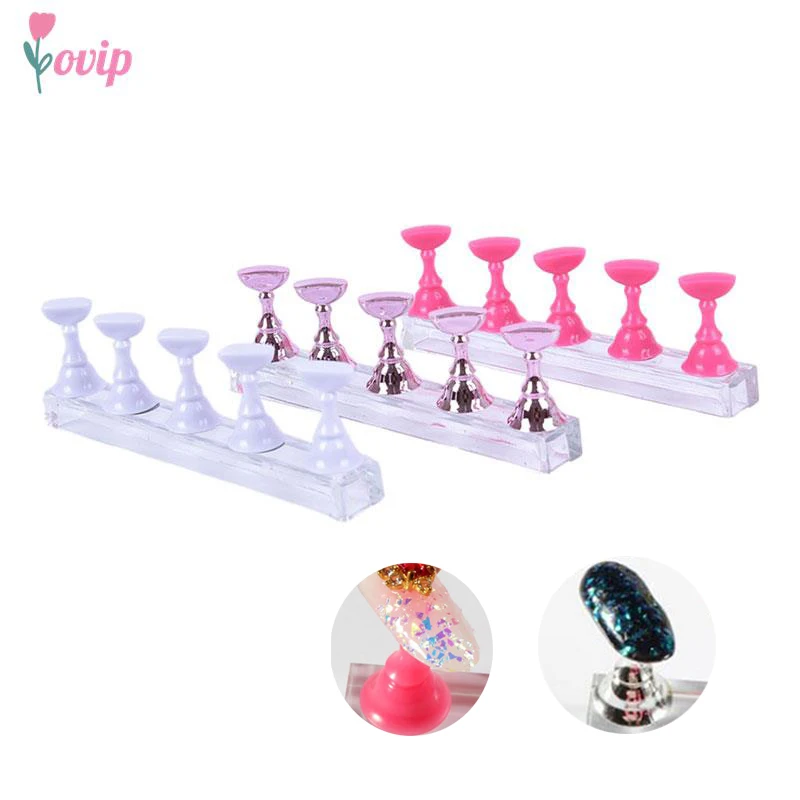 1Set Magnetic False Nail Tips Practice Trainning Display Stand Holder Base Alloy Crystal Nail Art Polish Display Manicure Tools