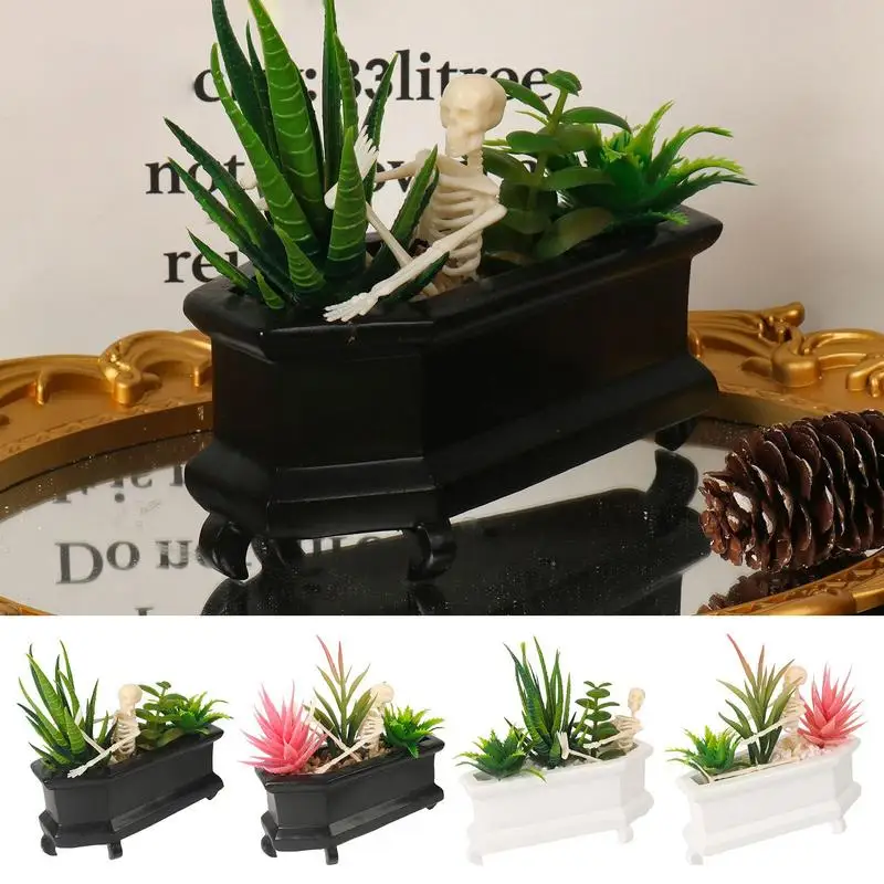 Skull Fake Plant Coffin Faux Indoor Plants Skeleton In The Coffin Shelf Decor Desktop Props For Home Bedroom