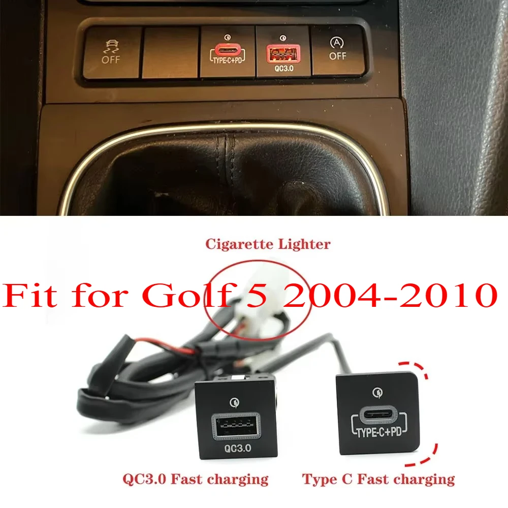 24*24mm czerwona dioda LED ładowarka samochodowa do telefonu podwójny adapter szybkiego ładowania USB typu c PD do VW Golf 5 MK5 2004-2010 akcesoria