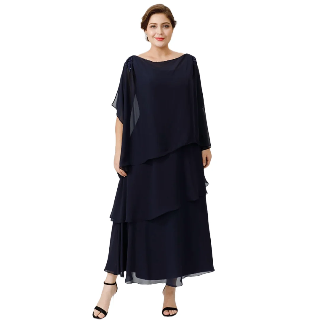 Customized Mother of the Bride Dresses for Weddings Covered Cape Dark Navy Blue Chiffon Ankle Length Layered Wedding Party Gown