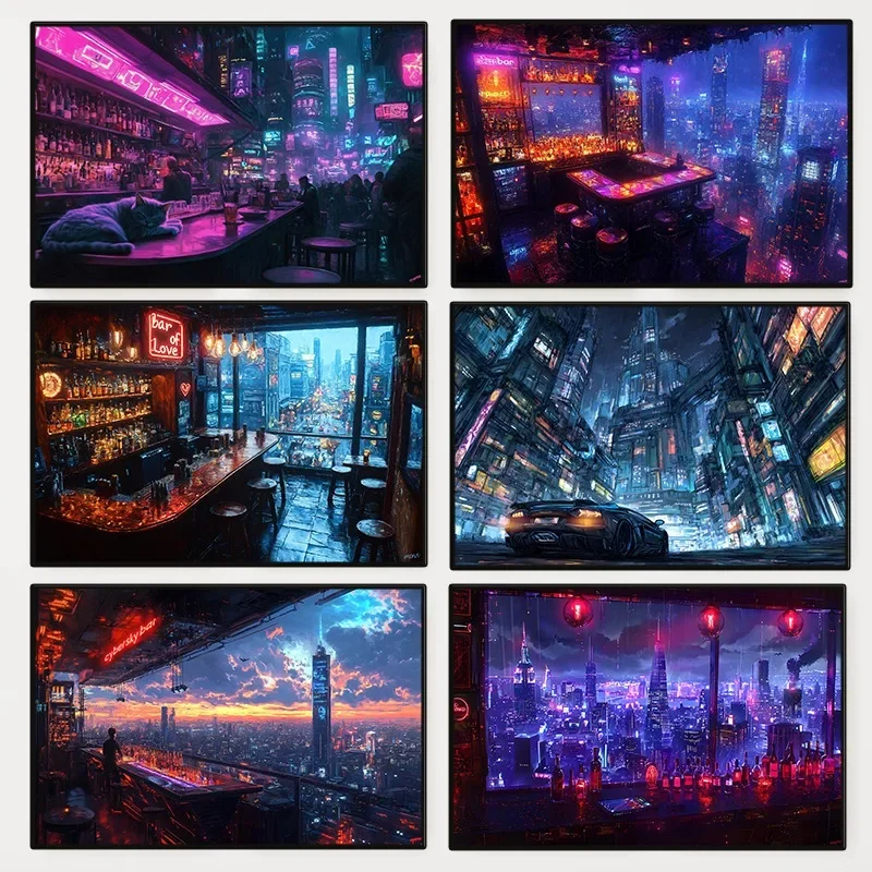 1pc frameless Canvas Painting 1pc frameless Cyberpunk Night City Landscape Poster Future Neon Lights Bar Design Canvas Wall Art