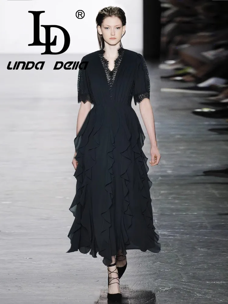 

LD LINDA DELLA V-Neck Short Sleeved Lace Waist Cinched Ruffle Hem Princess Style Fashionable Dress 2025 Summer New