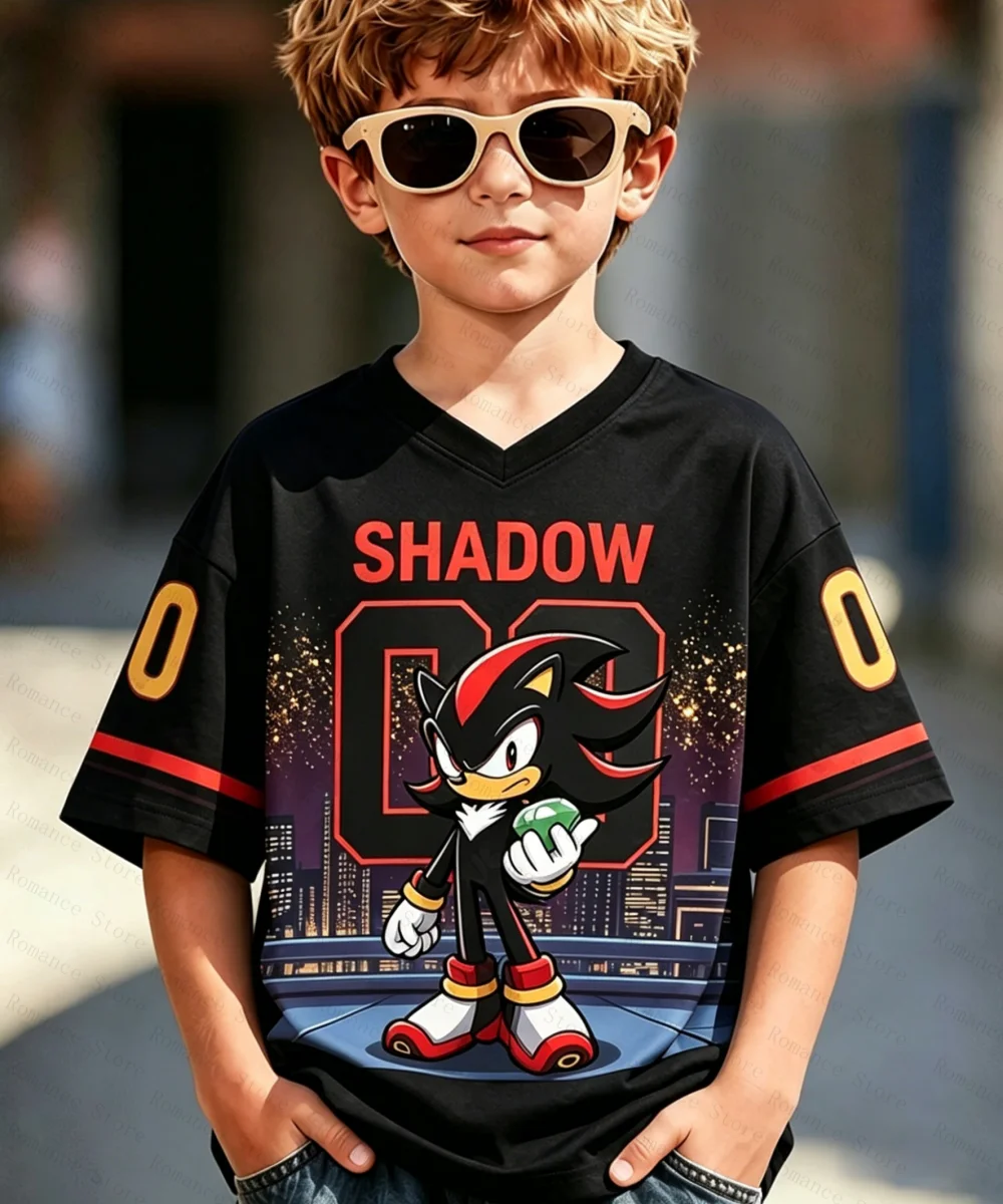 Sonic Anime Merchandise 3D Printed V-Neck Jersey T-Shirt for Kids & Adults, Multi-Size Loose Fit Casual Sports Short Sleeve Top