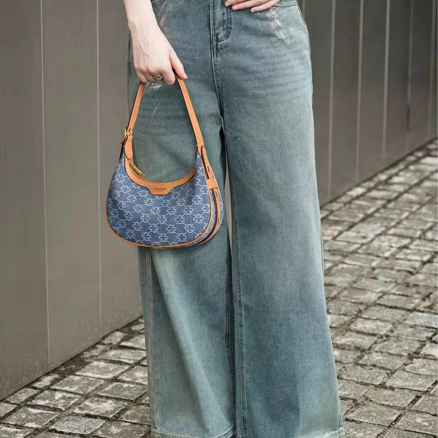 Cassile 2025 New American-style denim underarm bag, hobo handbag, crescent-shaped shoulder bag for women