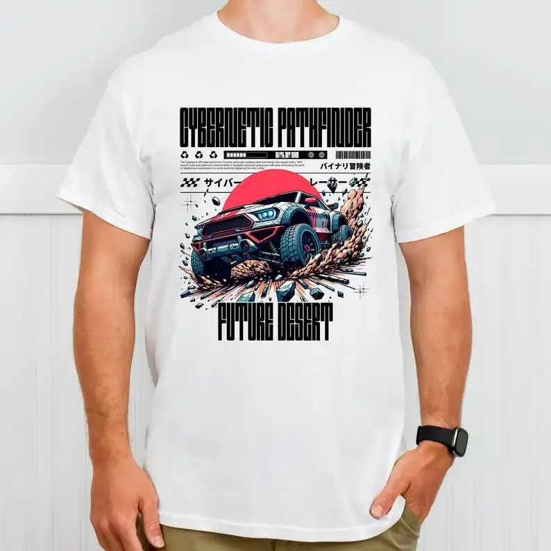

Cyber Offroad T-Shirt, futuristic car tearing through future dust with power & energy, gift for tech and racing fans, crewneck