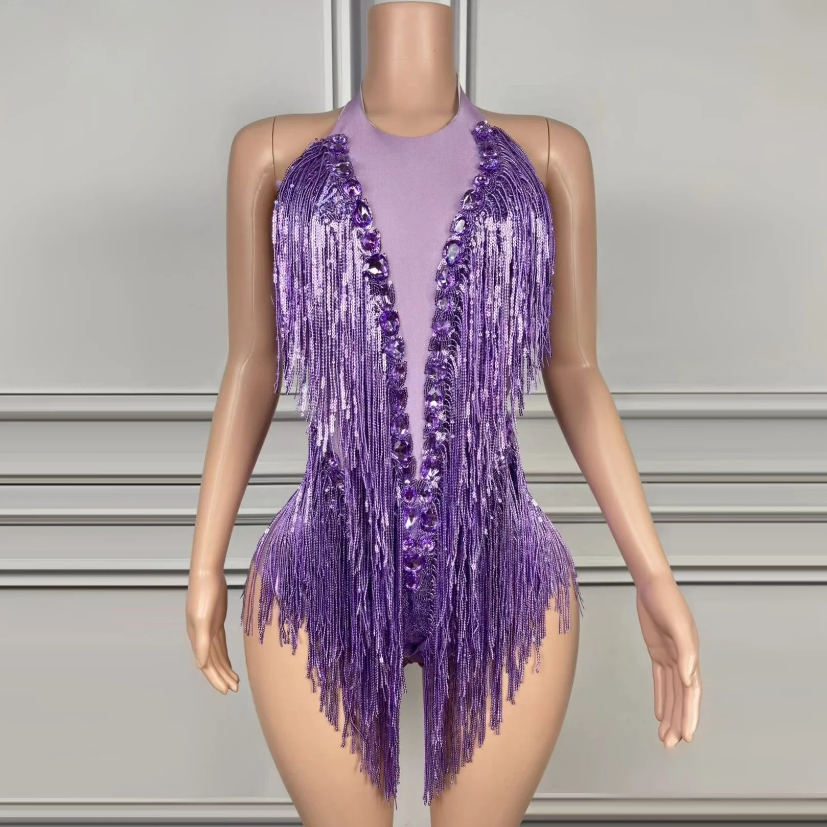 

Sparkly Rhinestones Tassels Lavender Color Sexy Bodysuit Dress Party Performance Costume Bar Nightclub Singer Dancer Stage Wear