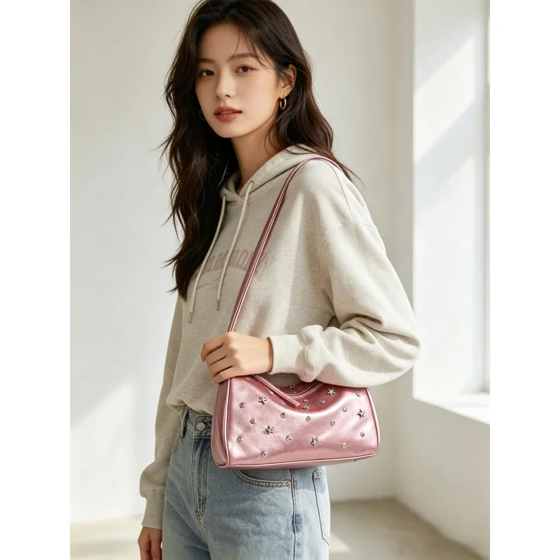 

niche rivet satin shoulder bag for women 2026 Summer new super popular commuter small tote bag