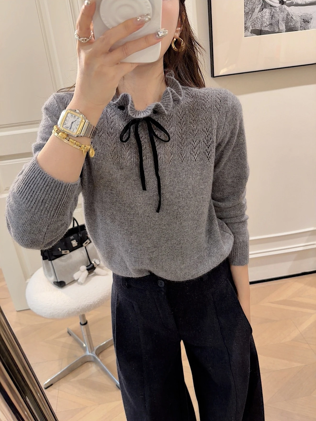 

PINZIKO Women's Knitted Sweater Bear Design Warm Pure Color Knitwear Soft Wool Blend Long Sve Knot Neline