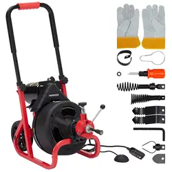 100Ft x 3/8 In Drain Cleaner Machine, Pioneer Works Sewer Snake Machine Auto Feed,Drain Auger Cleaner with 6 Cutters,Foot Switch