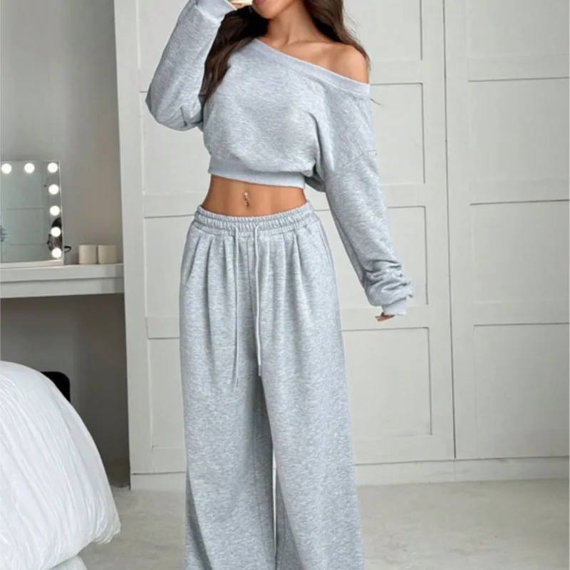 

Solid Color Hoodie Casual Knit Set Neck Off Shoulder Short Sleeved Top+Lace Up Pants Loose Two-piece Set Conjuntos De Pantalones