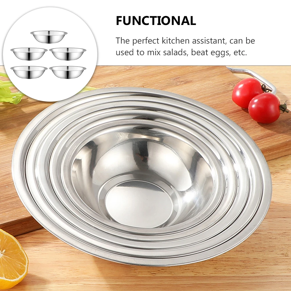 

5 Pcs Thickened Soup Basin Stainless Steel Mixing Bowl Metal Bowls for Kitchen Round